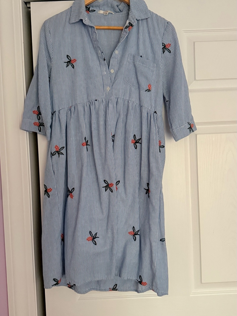 orange creek Blue Striped Shirt Dress with Pink Floral Embroidery